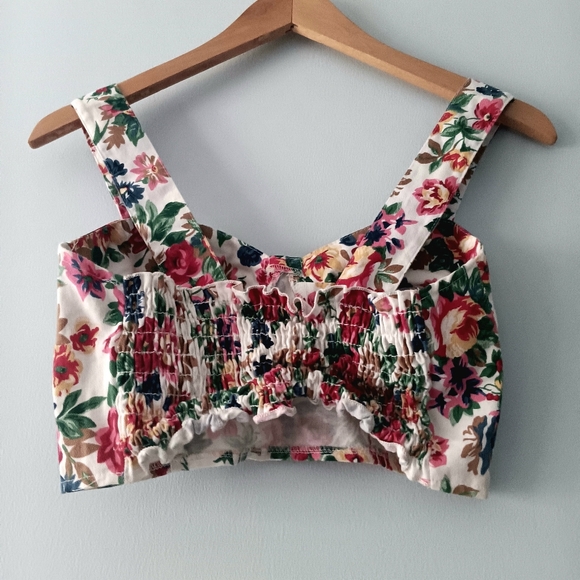 A.Byer Vintage Floral Bra Style Wide Strap Smocked Cotton Crop Top M - Picture 2 of 5